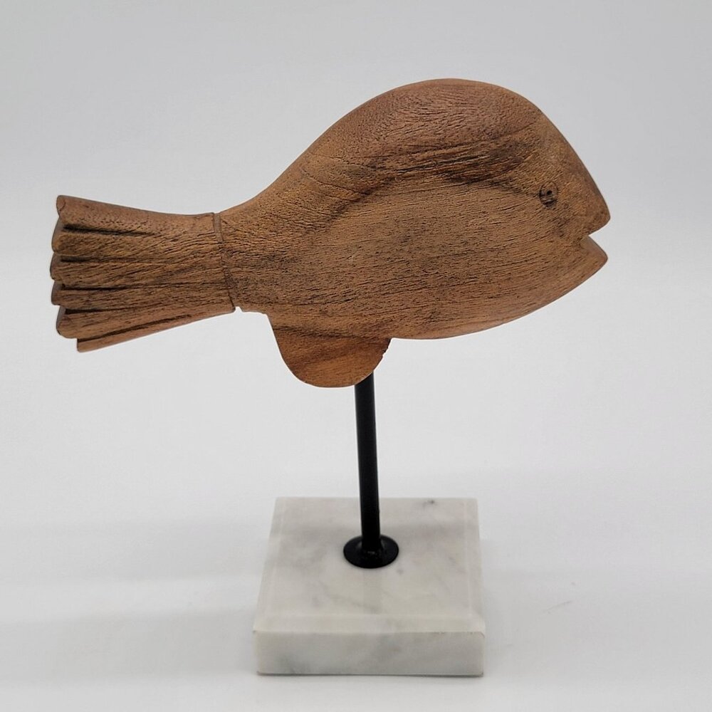 Vintage Hand Carved Wooden Fish Sculpture On Marble Base
